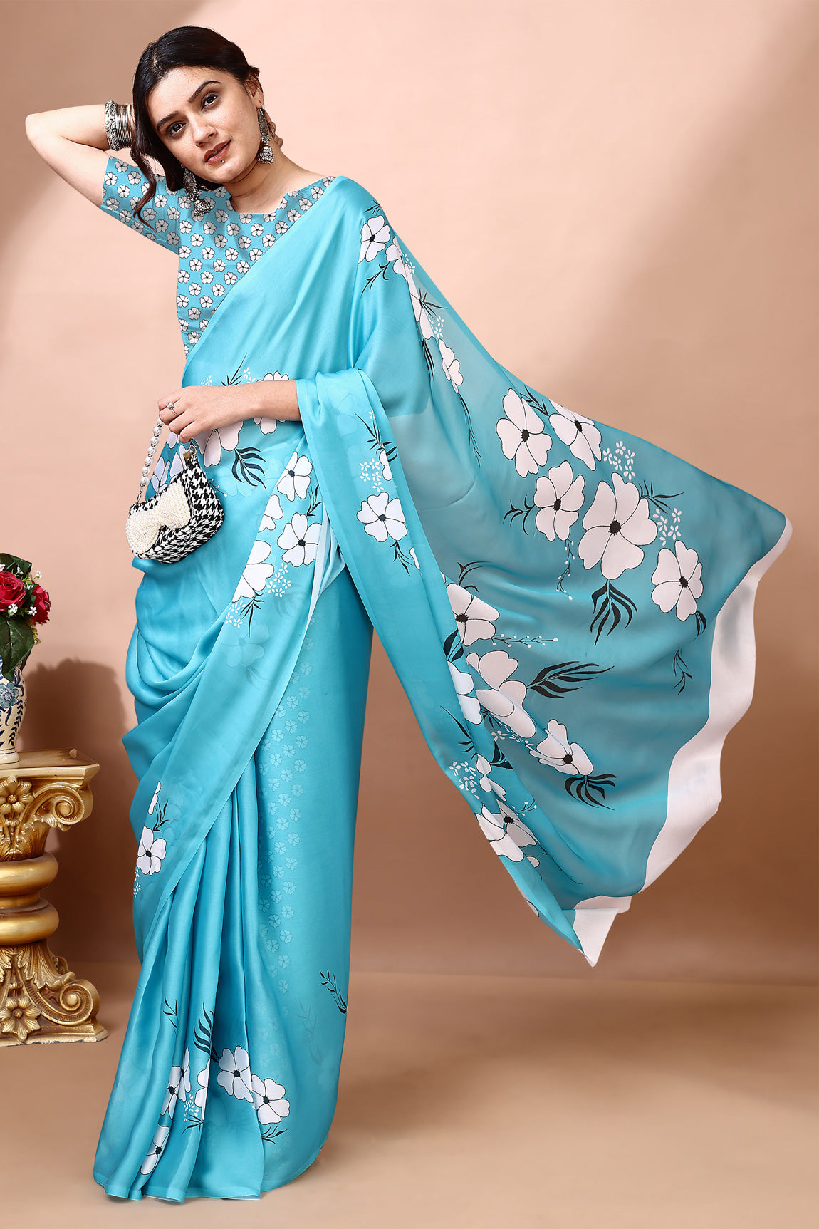 Stylish & Beautiful Satin Georgette Digitally Printed Party Wear Sarees with Blouse Piece