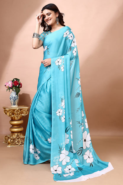 Stylish & Beautiful Satin Georgette Digitally Printed Party Wear Sarees with Blouse Piece
