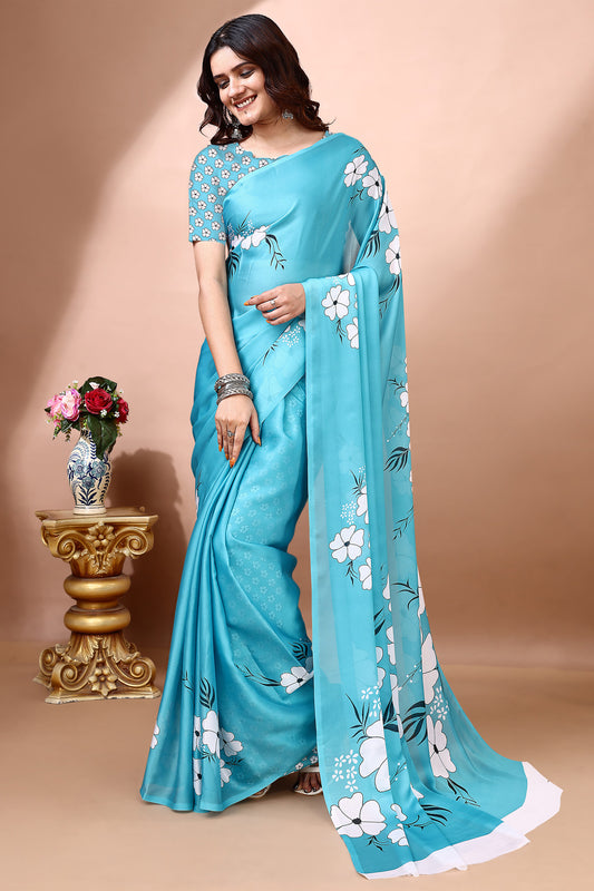 Stylish & Beautiful Satin Georgette Digitally Printed Party Wear Sarees with Blouse Piece