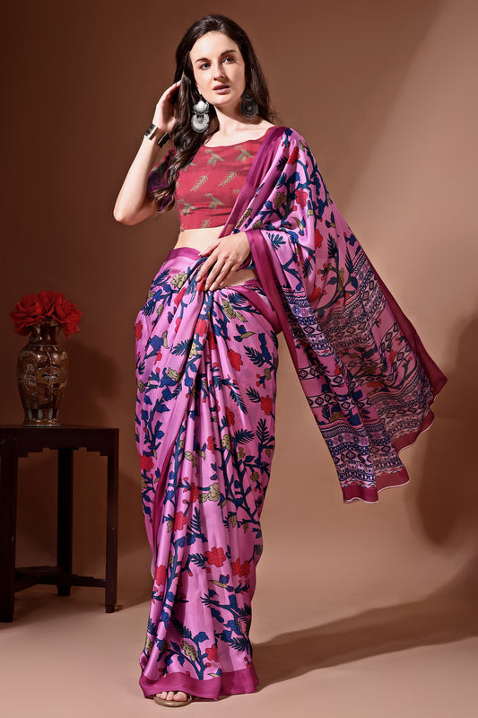 Stylish & Beautiful Satin Georgette Digitally Printed Party Wear Sarees with Blouse Piece