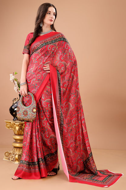 Stylish & Beautiful Satin Georgette Digitally Printed Party Wear Sarees with Blouse Piece