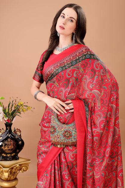 Stylish & Beautiful Satin Georgette Digitally Printed Party Wear Sarees with Blouse Piece
